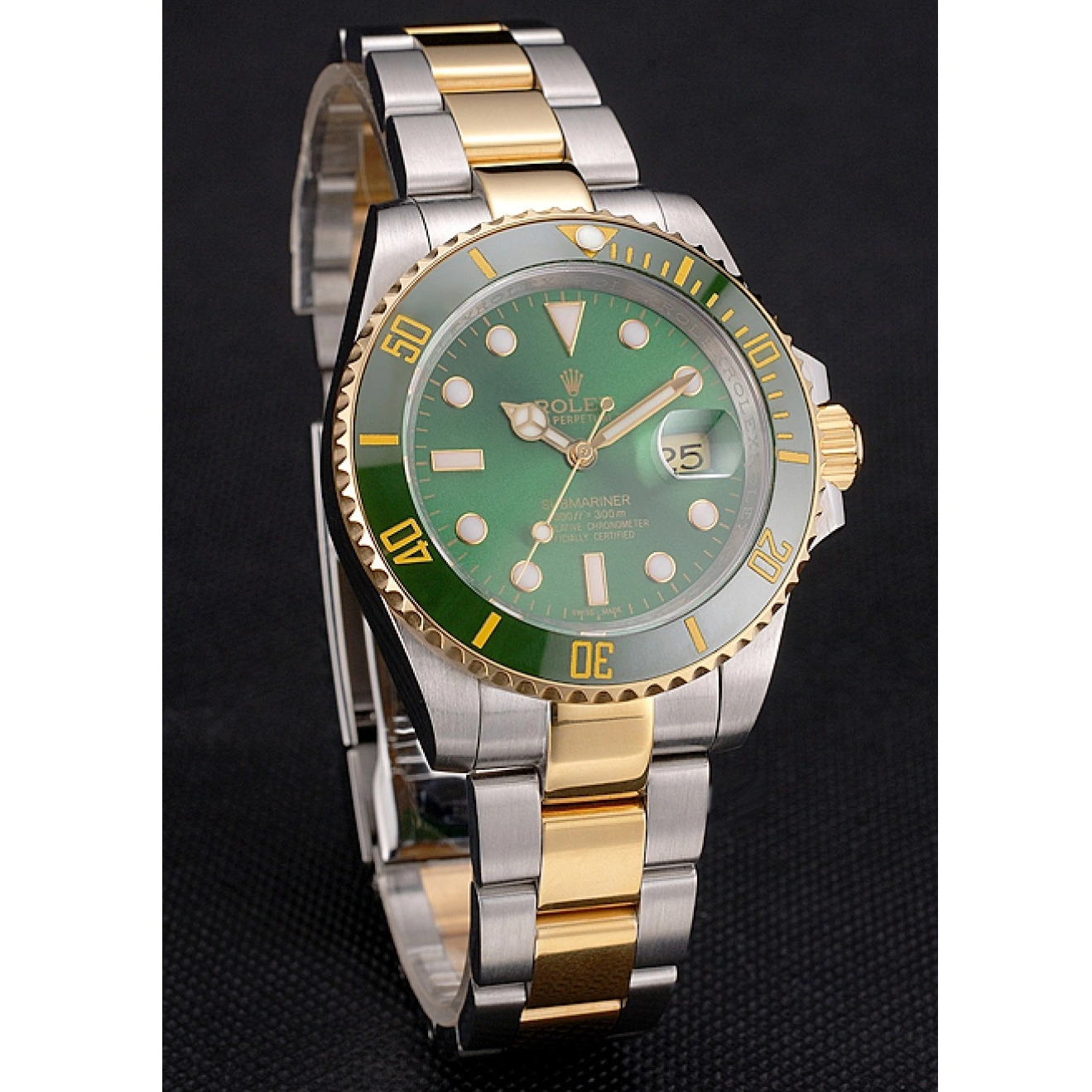 Aaa replica watch Gold Submariner Rolex Green Dial Tone Steel Two Swiss Bracelet Bezel And 0711